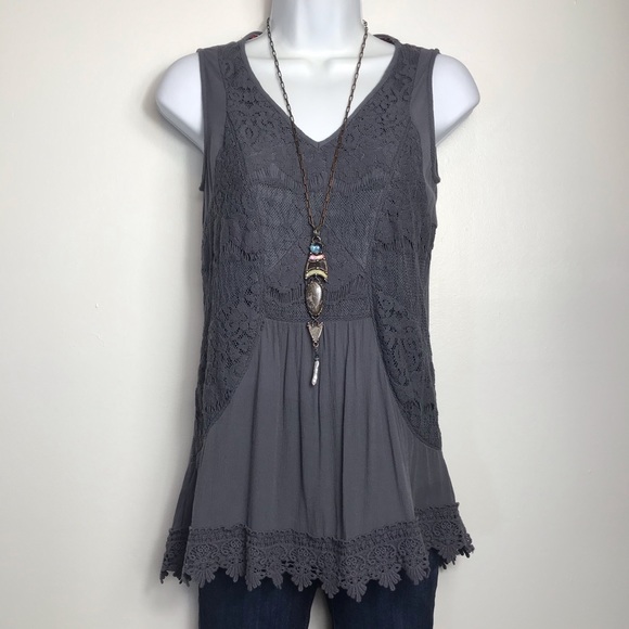 Knox Rose Tops - Knox Rose Gray Gauze & Lace Boho Tank Tunic XS